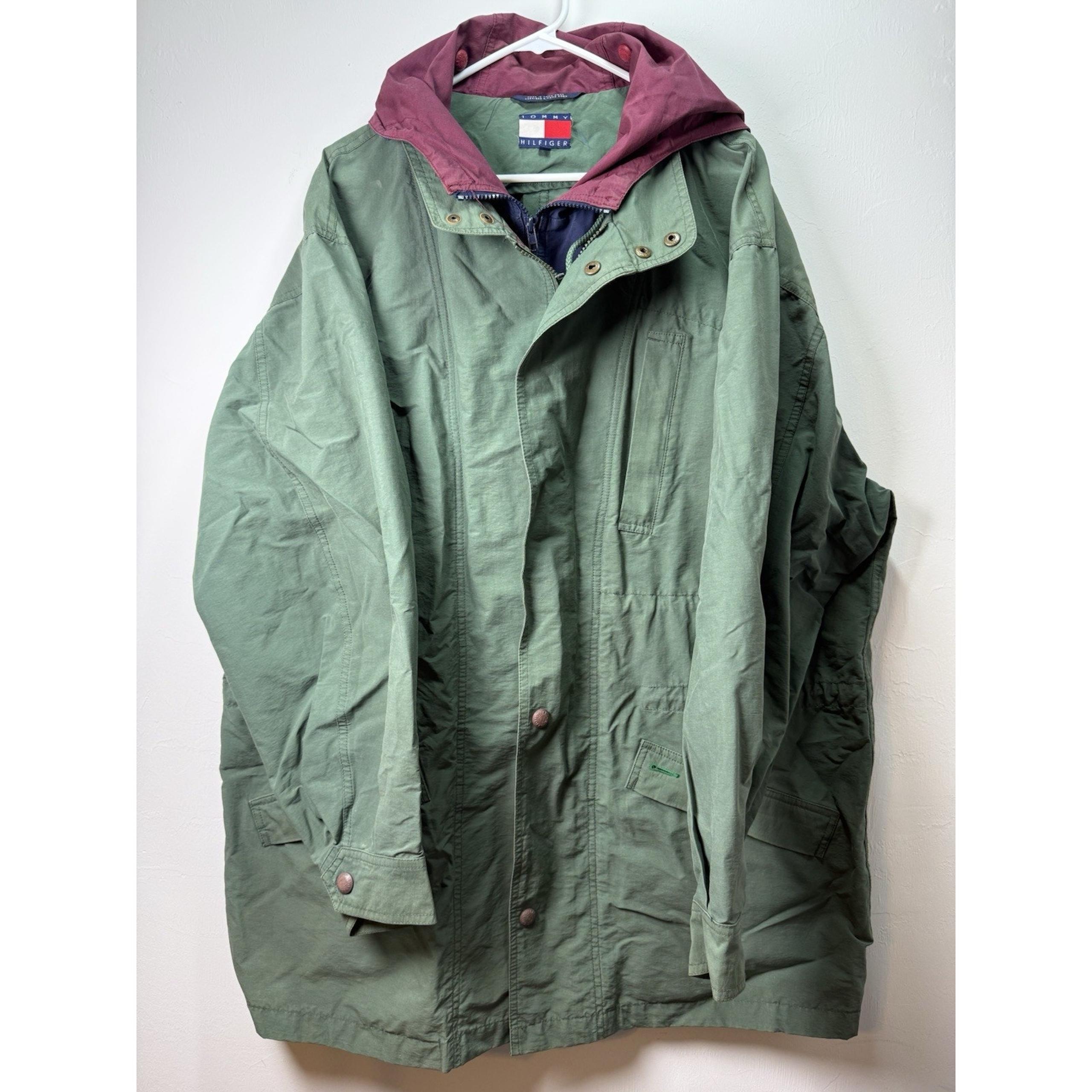 Vintage Tommy Hilfiger Mens Jacket Hooded Rain Coat Double Zip Green Size XLarge