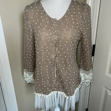 Blouse A'reve Women's Beige Ivory Button Up Lace Embellish 3/4 Sleeve Cardigan