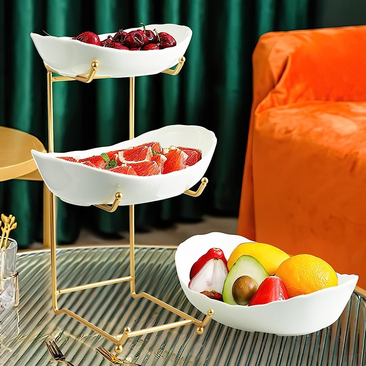 Bowls with Metal Fruit Bowl for Kitchen Counter - 3 Tier Ceramic Serving