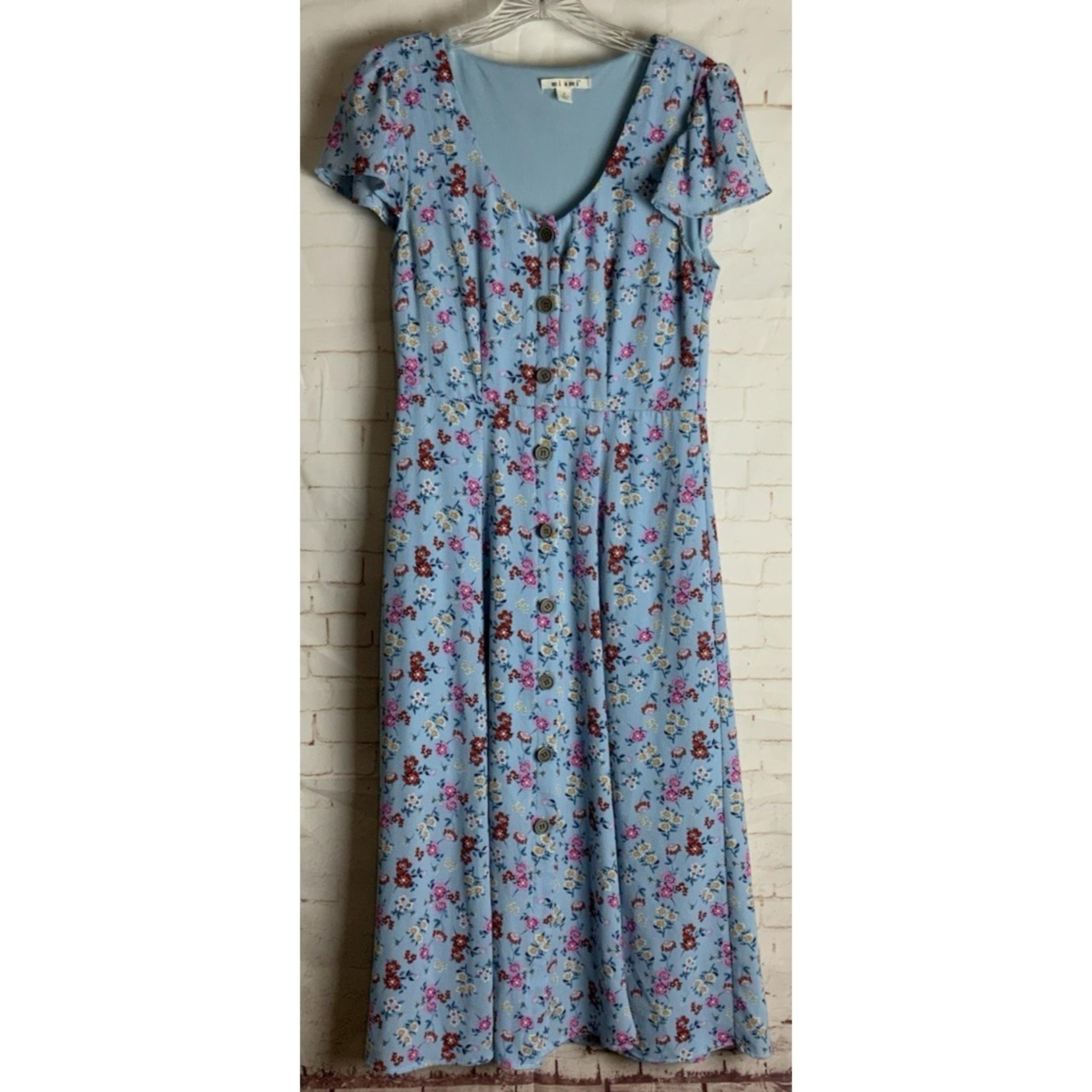 Mi Ami Womens Blue Floral Button Up V Neck Dress Size S