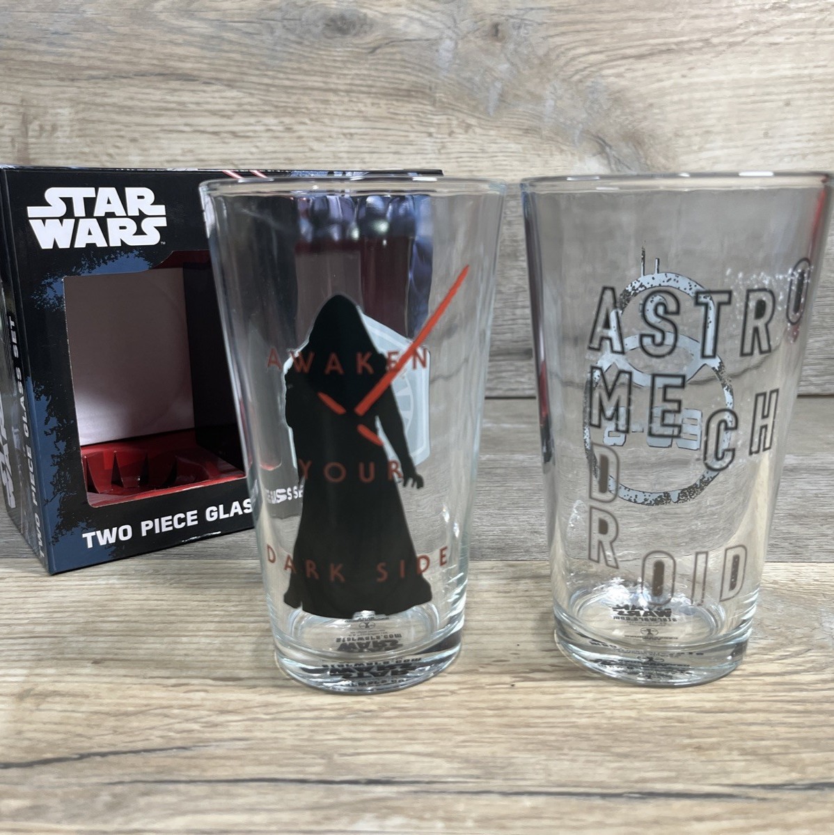 STAR WARS DISNEY Drinking Glass Set of 2 Glasses Awaken Your Dark Side & BB-8