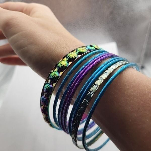 Vintage 90’s Boho Bangle Bracelet Set / Lot Of 9 Purple Blue