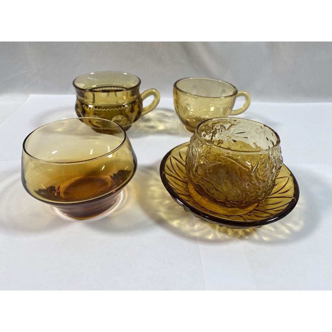 Lot of 5 Vintage Amber Glass Gold Color Tea Cups