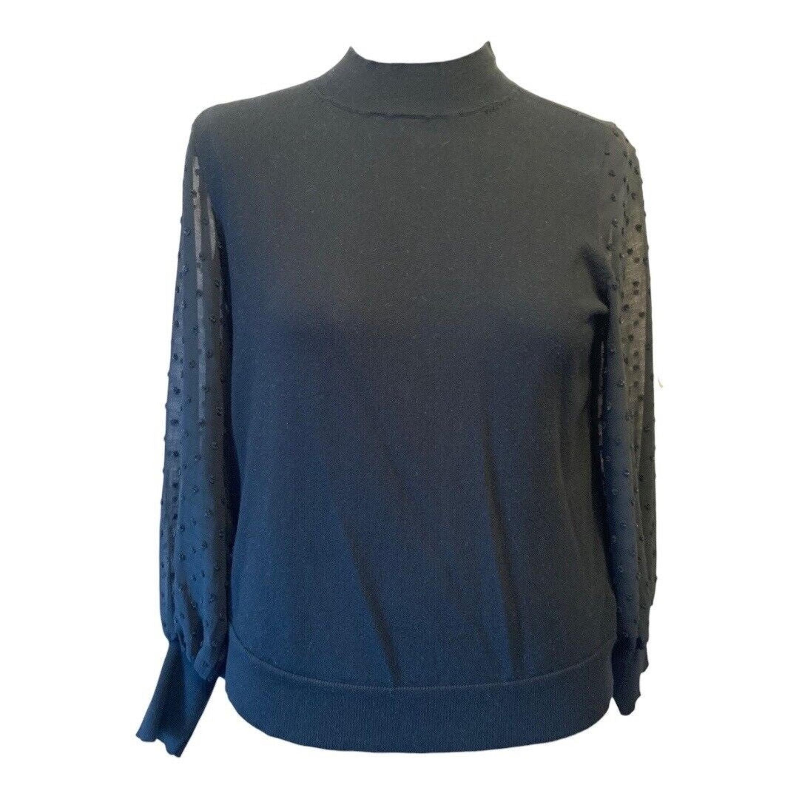 VINCE CAMUTO Black Mock Neck Swiss Dot Sheer Balloon Sleeve Sweater Top Size L