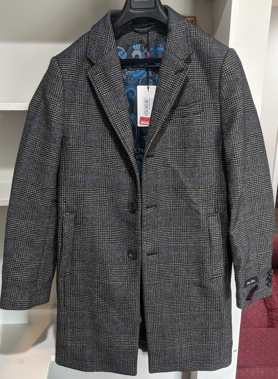Ted Baker Men's Topcoat 38 New w/ Tags -Charcoal / Blue Italian Glencheck Wool