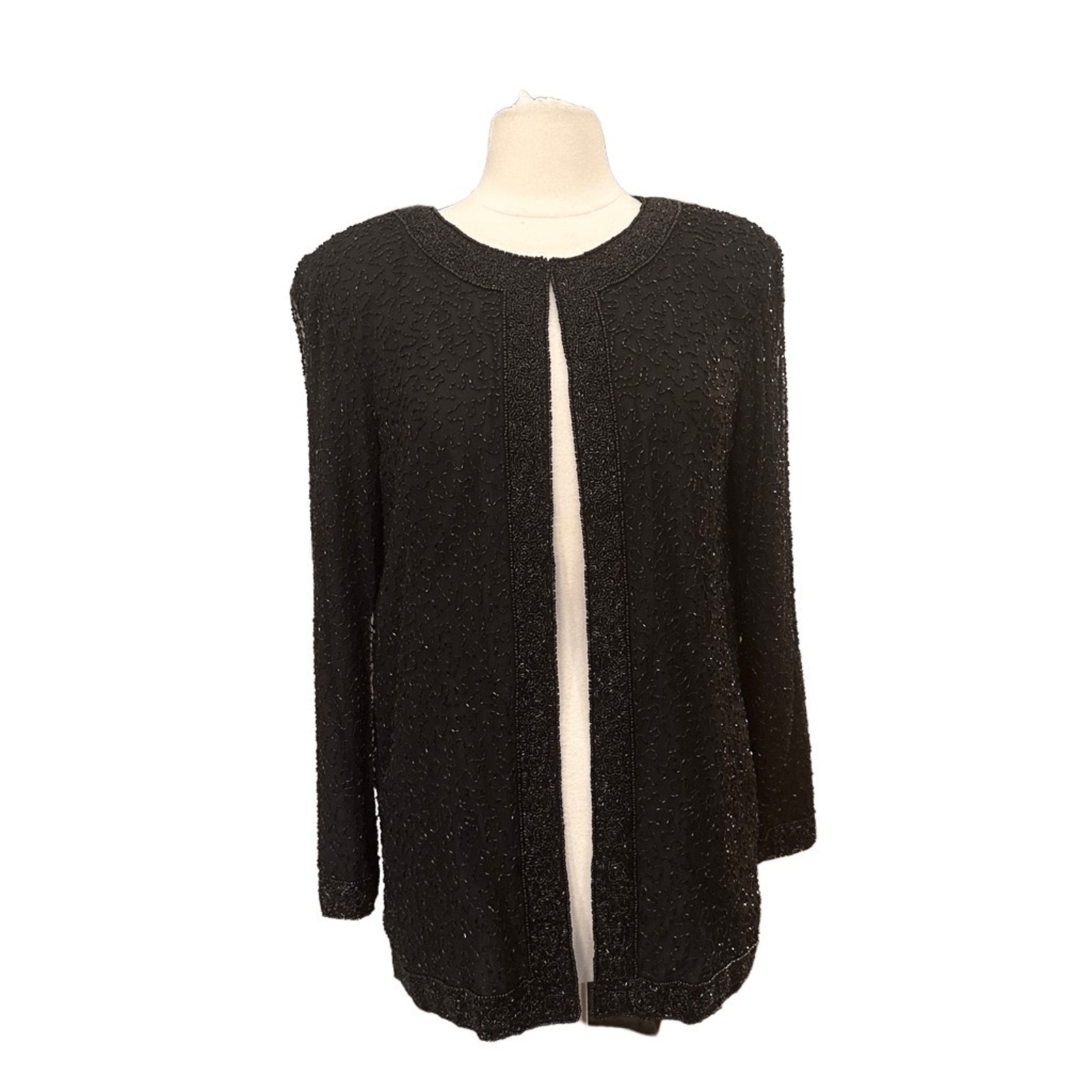 Vintage Stenay Silk Beaded Long Sleeve Cardigan Evening Cocktail Size M Black