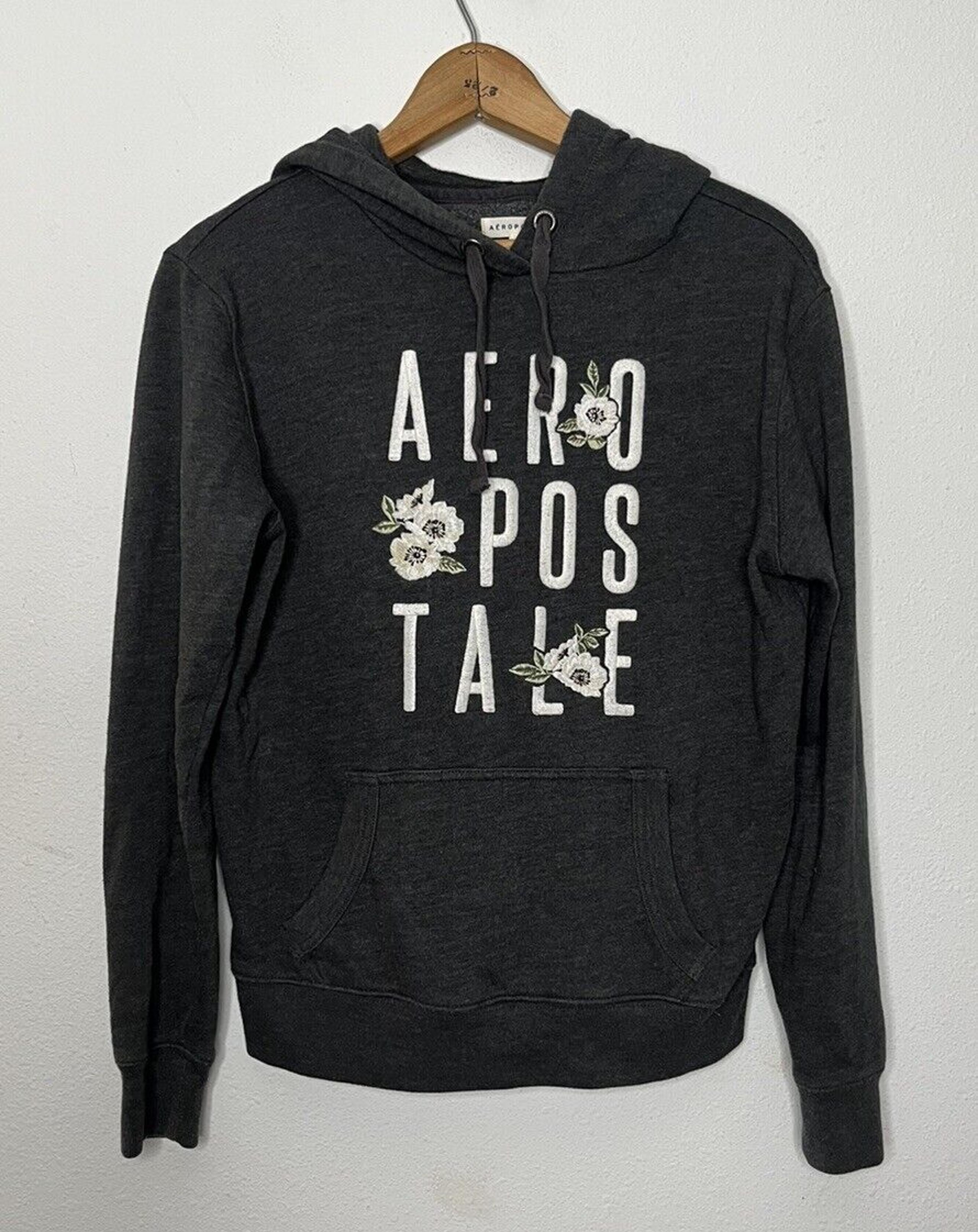 Y2K Aeropostale Hoodie Womens XS Extra Small gray Pullover Embroidered Flowers