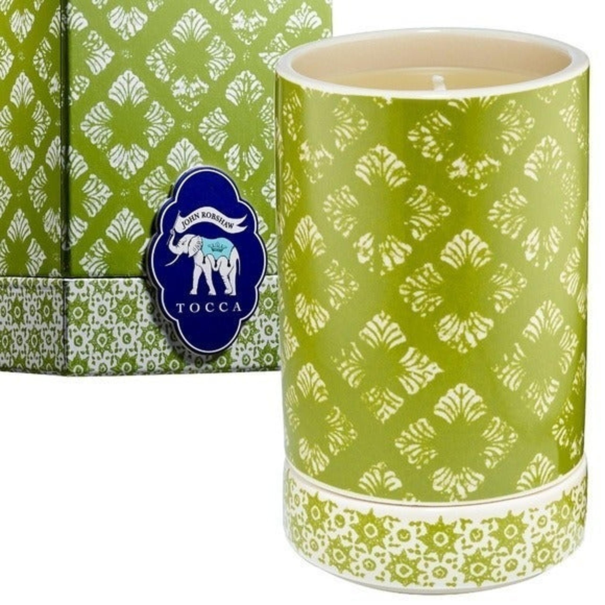 New Tocca John Robshaw Springar Travel Inspired Lotus Ceramic Canister Candle