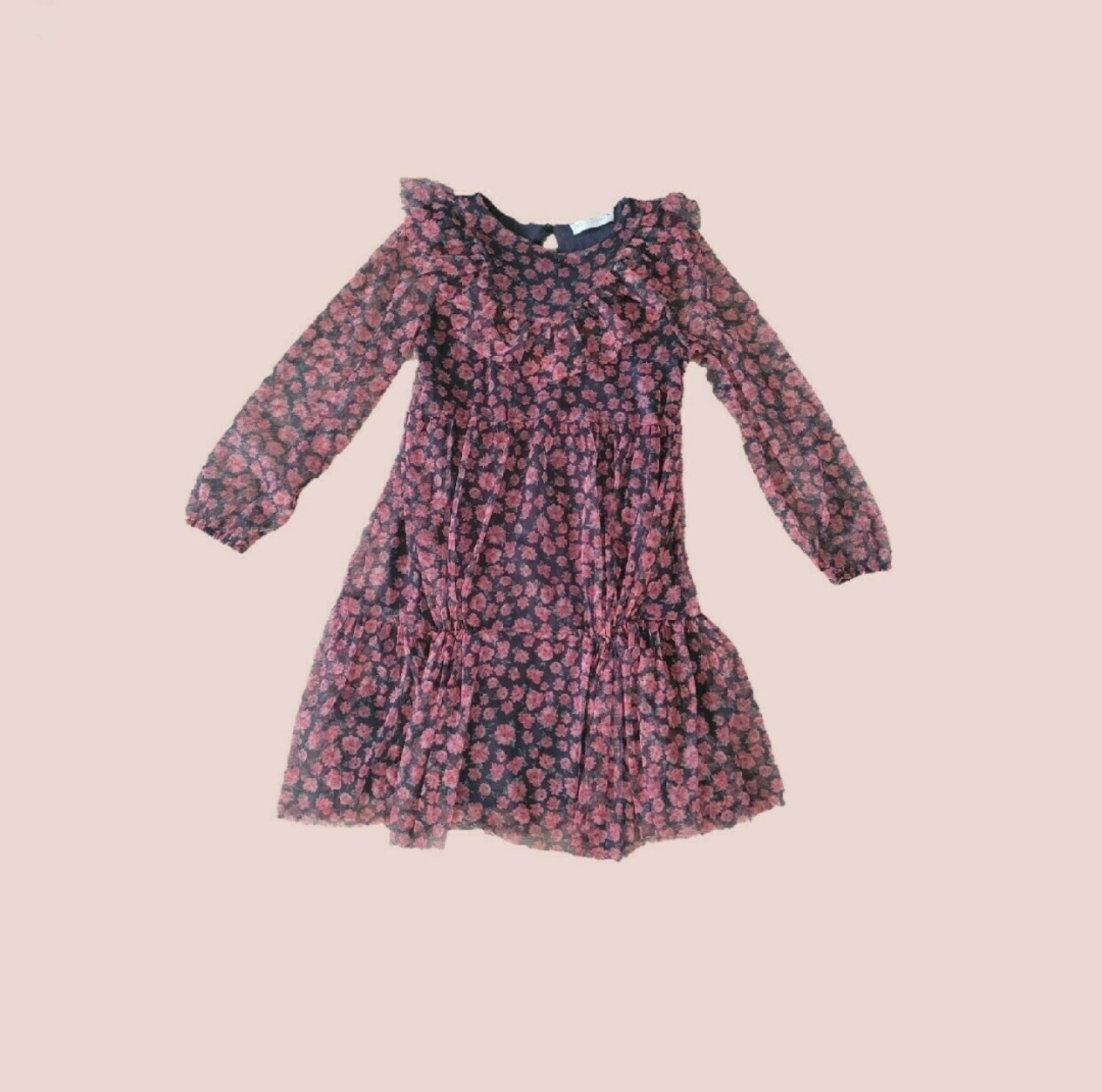 Zara Girls' Long Sleeve Sheer Overlay Pintuck Ruffle Bib Sheath Dress 9Y