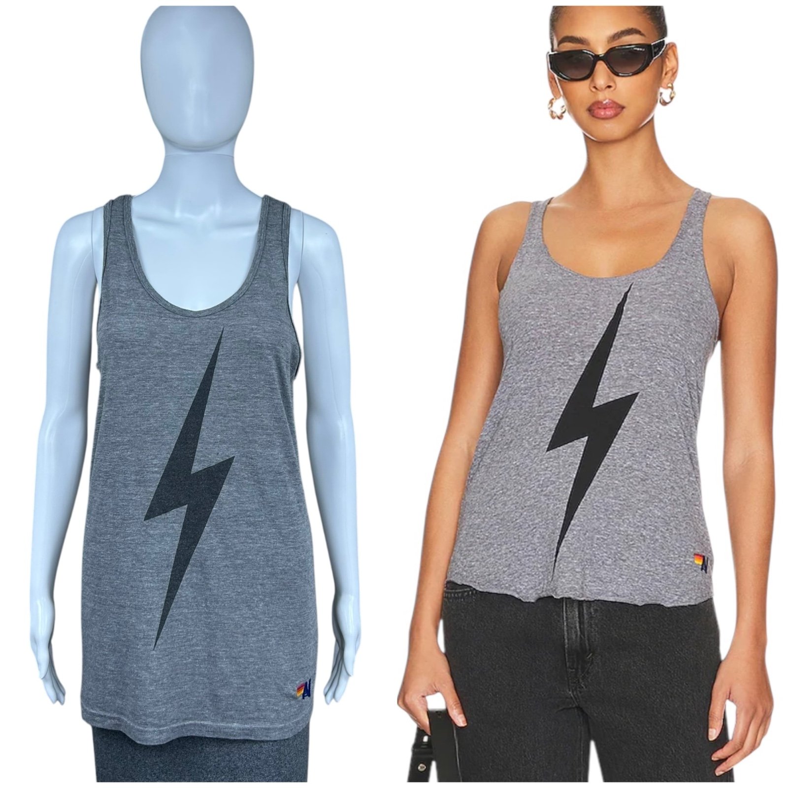 Aviator Nation Heather Gray Lightning Bolt Graphic Tank Top Size Medium