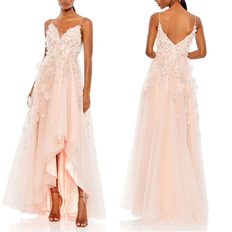 NWT Mac Duggal Floral Embellished Sleeveless High Low Petal Pink Gown Dress