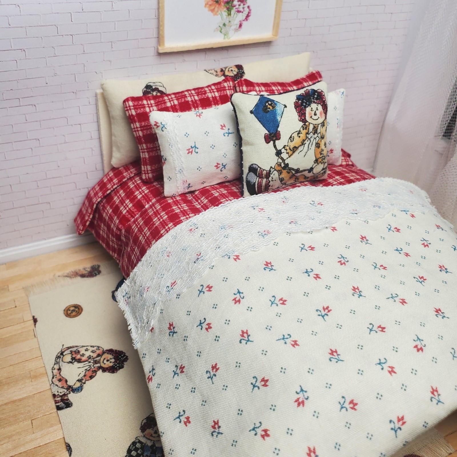 Raggedy Ann Vintage Bed Set Miniature Dollhouse Bedding Set 1:12 Scale