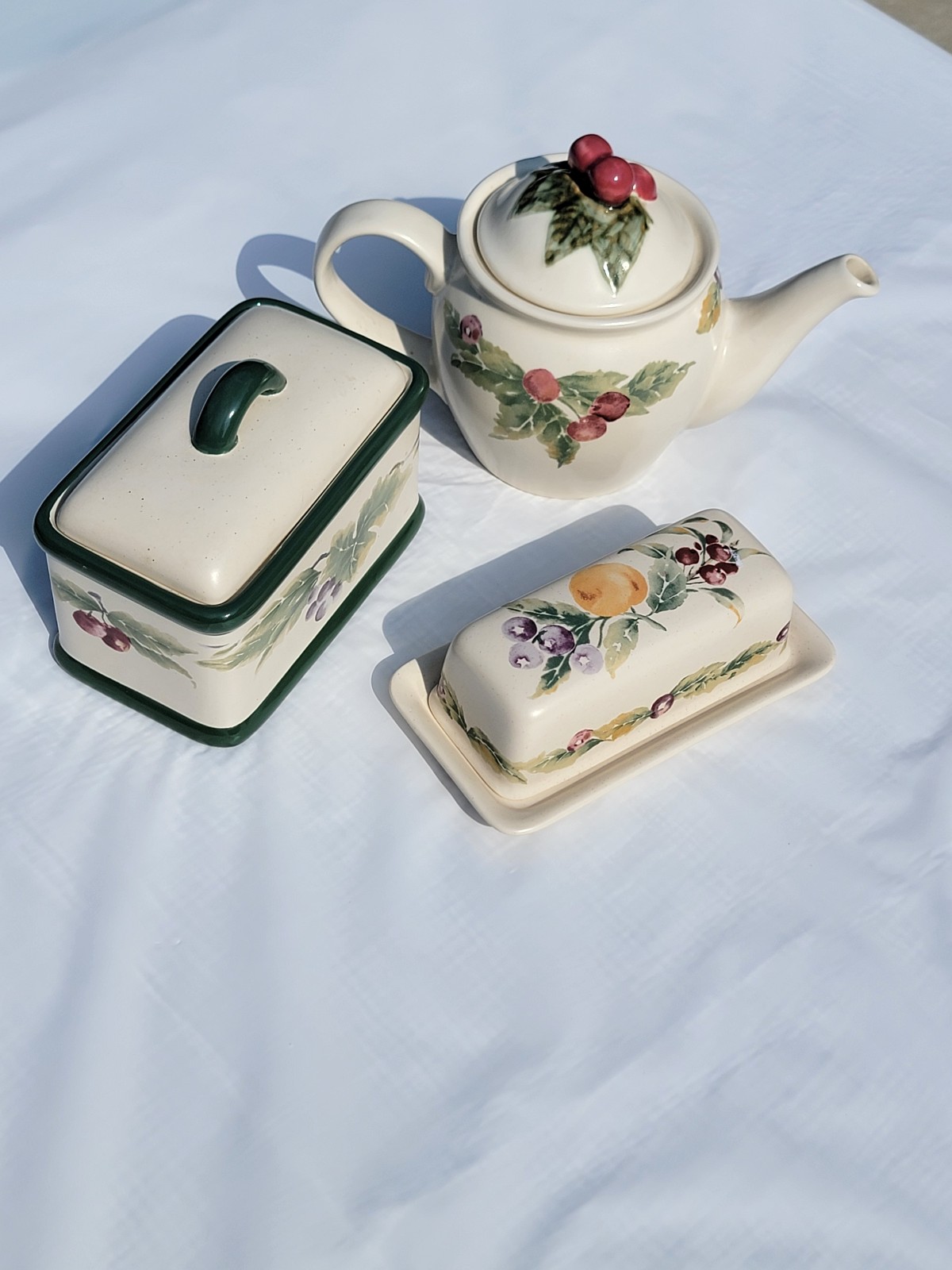 Pfaltzgraff jamberry butter dish, teapot, and kitchen keeper