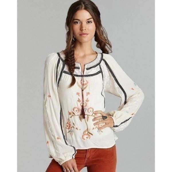Free People Tunic Top Womens Medium Boho Tiger Lily Embroidered Lace Floral Tass