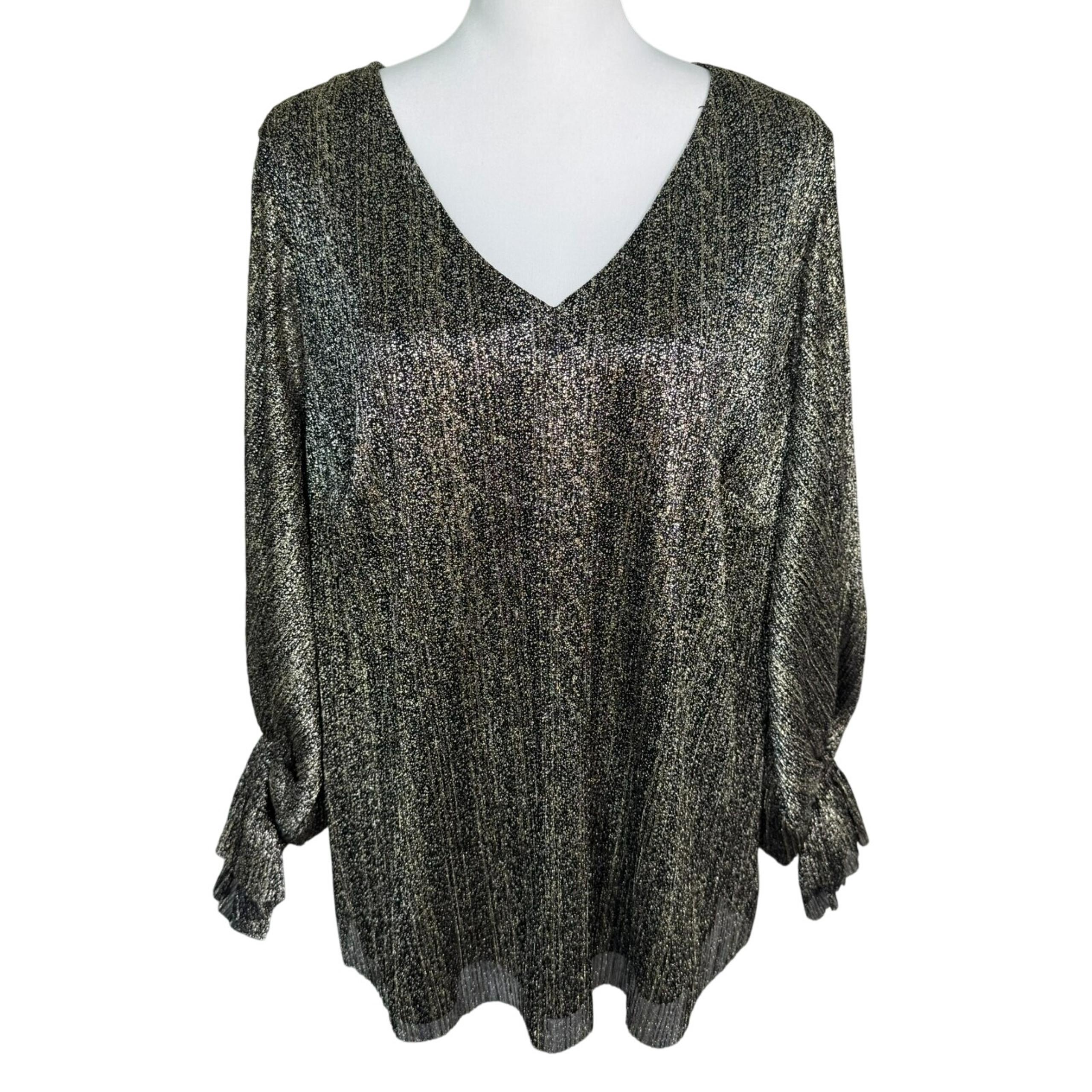 VINCE CAMUTO NWT Women's 2X Gold Black Shiny Flouncy Balloon Sleeve Blouse Top