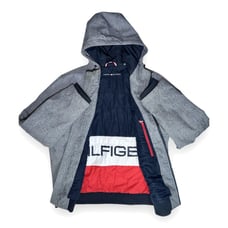 Vintage Y2K Tommy Hilfiger Hooded Softshell Jacket Grey Classic Colorway Lining