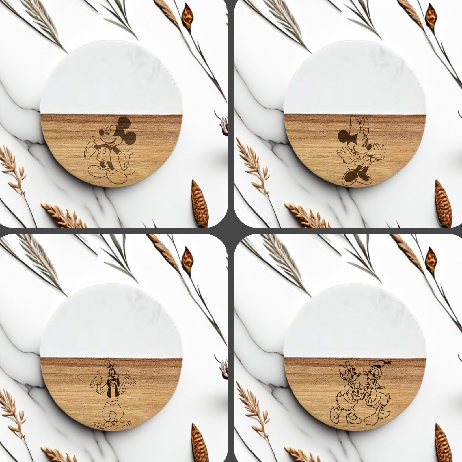 Mickey and minnie set 4 engraved coasters marble and acacia wood