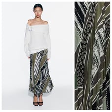 NWT. Zara Green/Khaki Printed High Waist Pleated Midi Skirt. Size S.