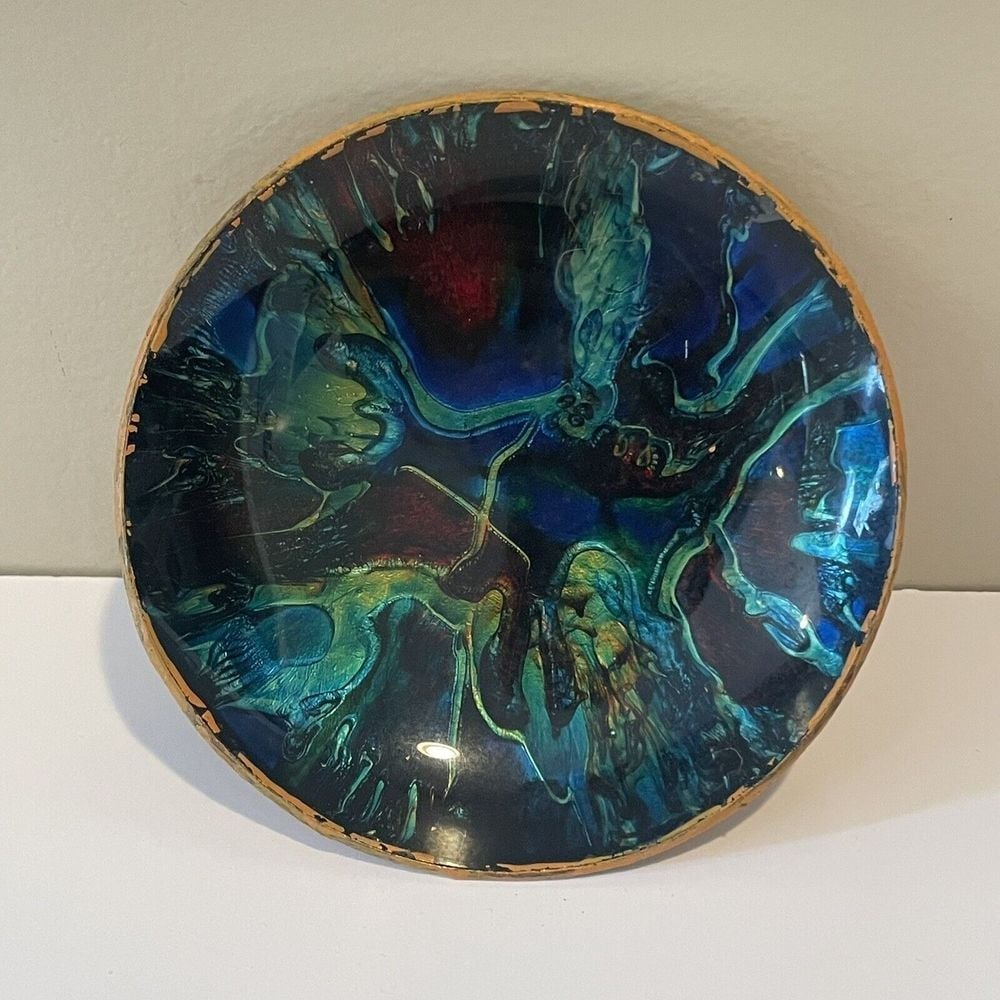 Plate Acrylic Pour Painting Art Deco Blue Red Purple Rainbow Colorful Tie Dye