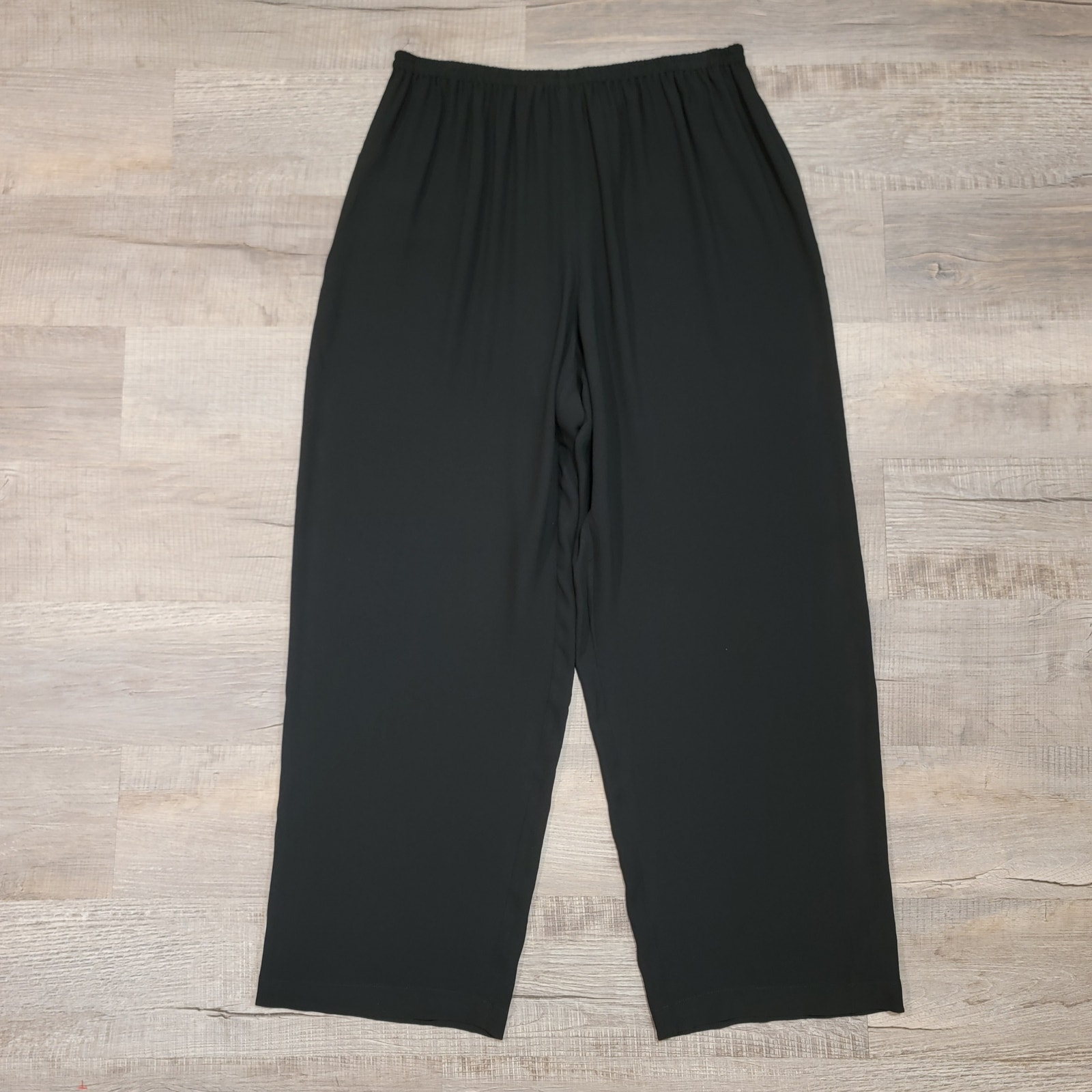 Eileen Fisher Size Large Silk Wide Leg Pants Black Pull On Stretch Elastic