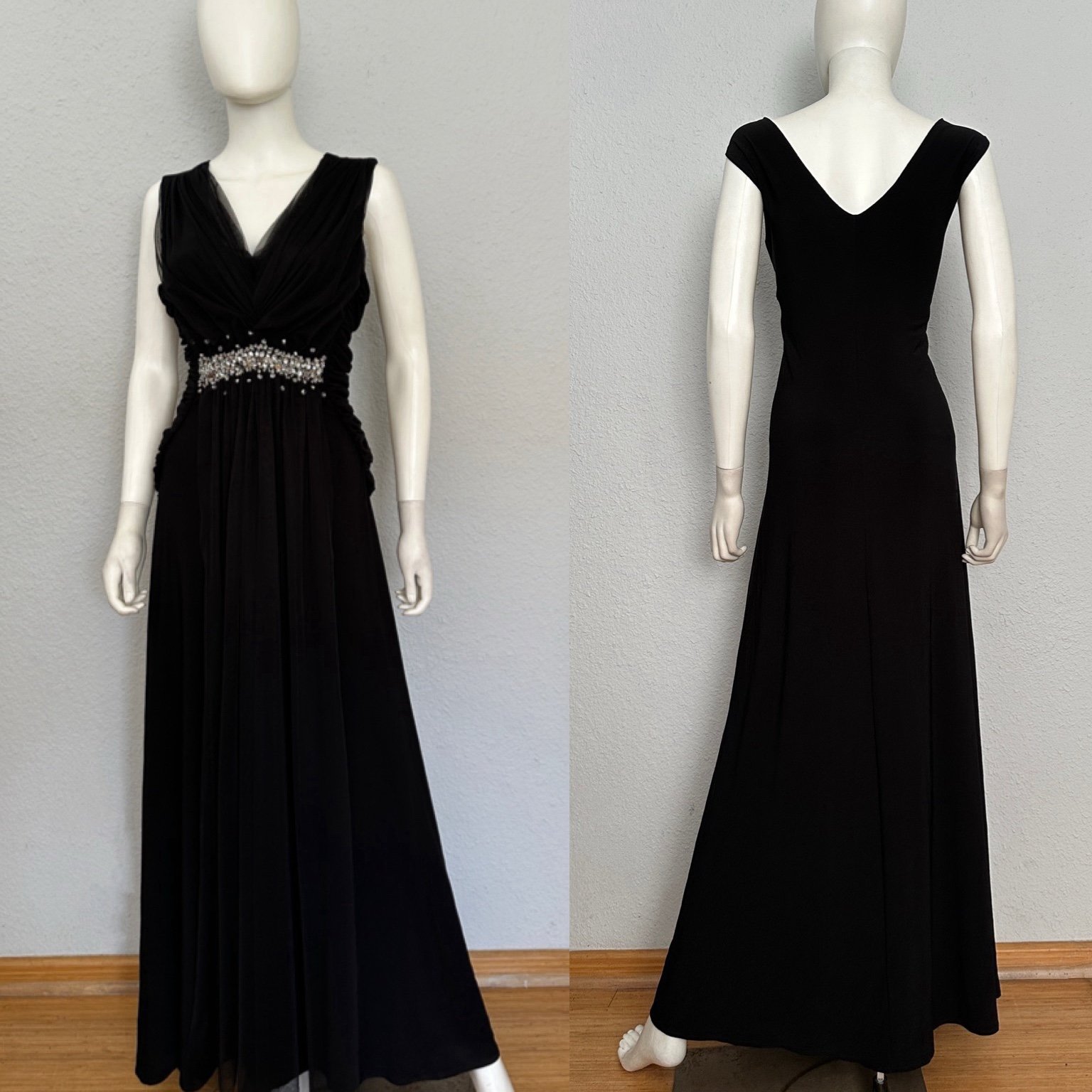 NWT Plus Size Formal A-line Long Formal Dress V-Neck Beaded Stretched in Black