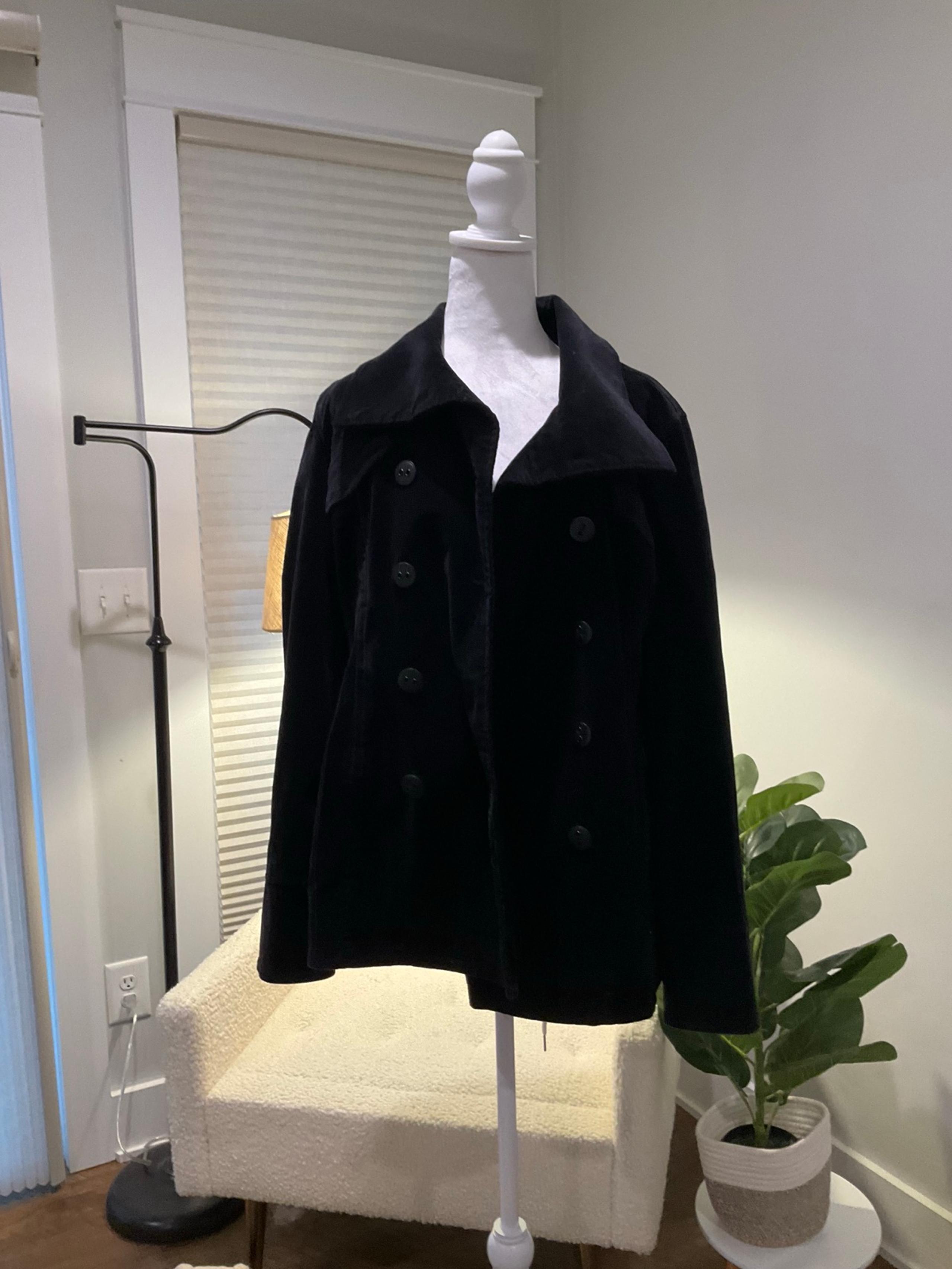 CALVIN KLEIN Black Velour/Velvet Waist Pea Coat-Size L