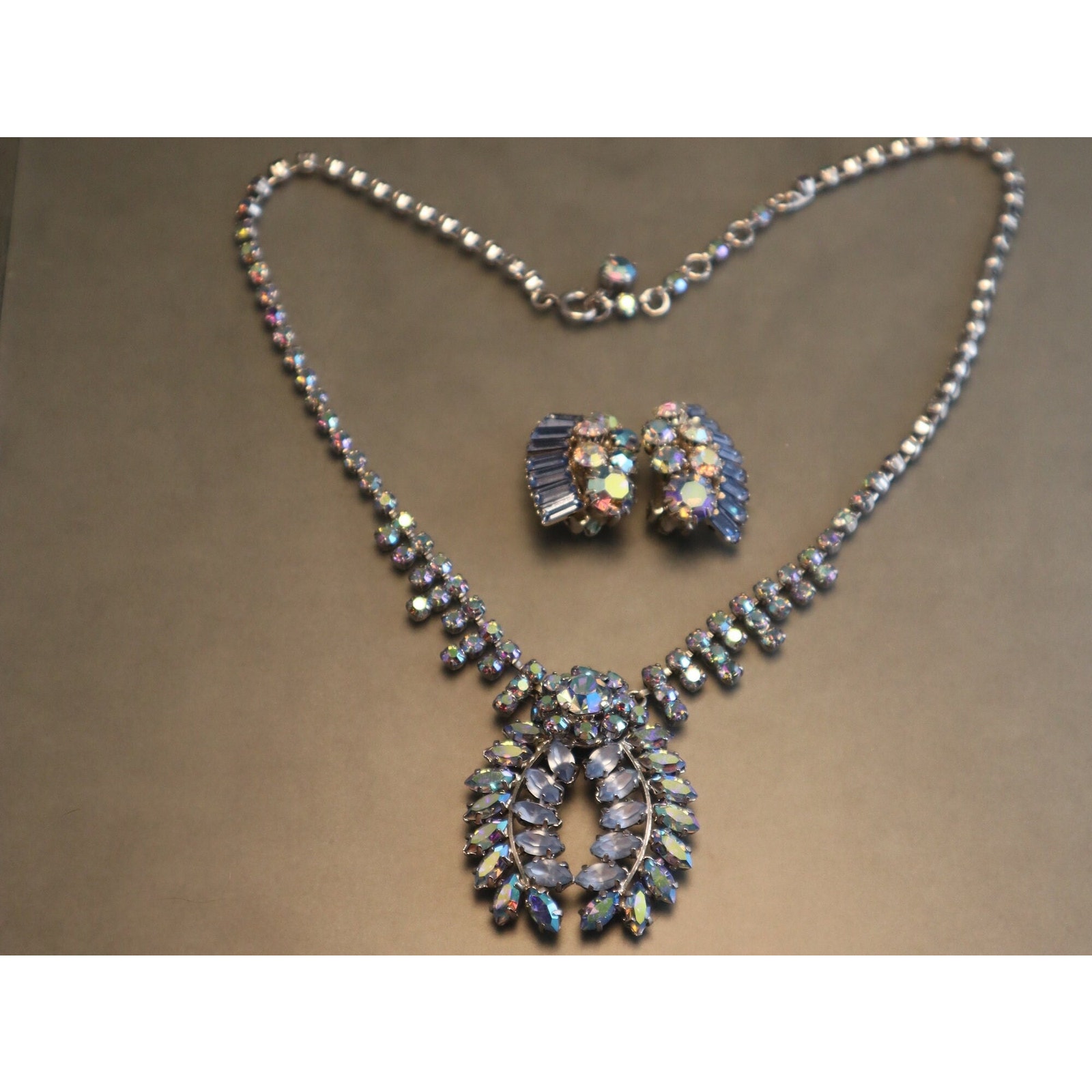 Vintage Sherman Blue AB Rhinestone Necklace & Earrings Set