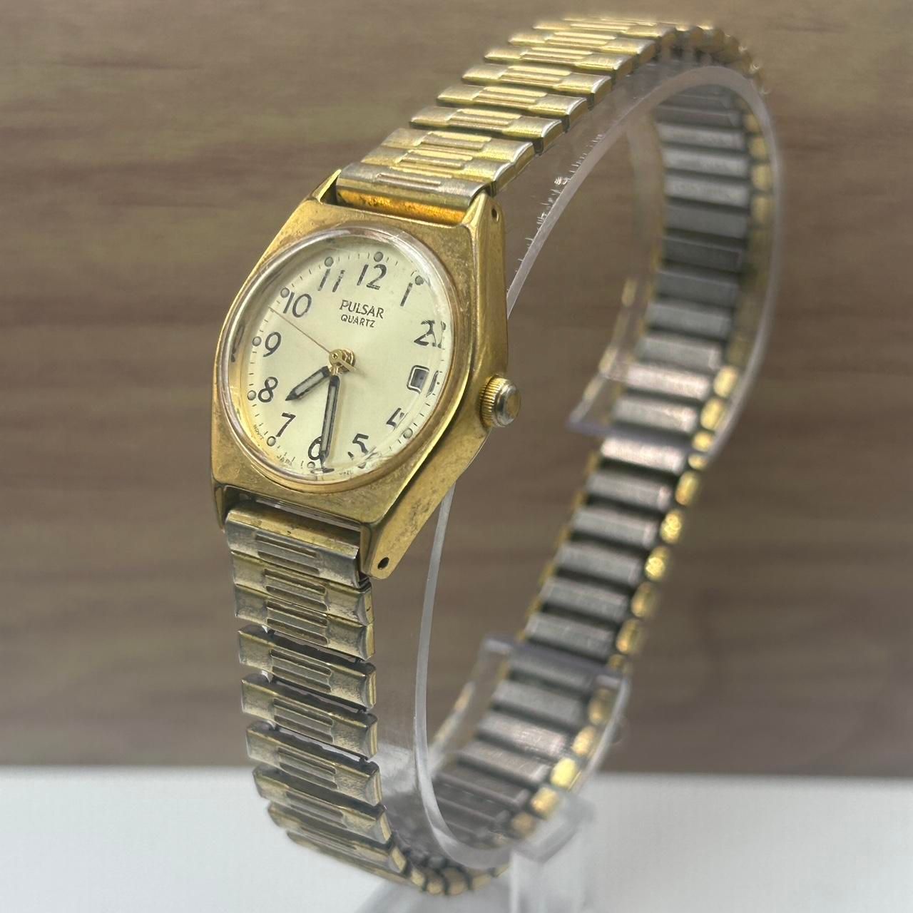 Pulsar Watch Stainless Gold Water Resistant Champagne Quartz Glow in the Dark
