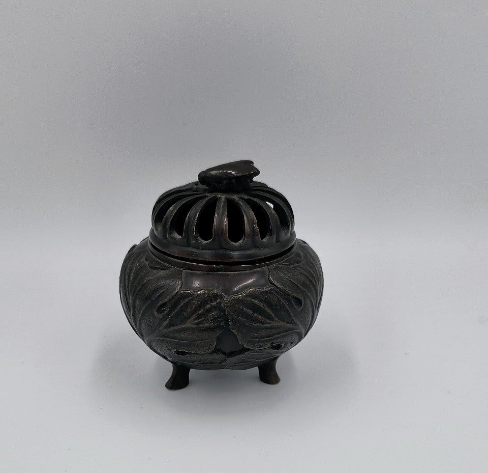Early 20th Century Censer Incense Burner Asian Fly Leaf Motif Bronze Tone