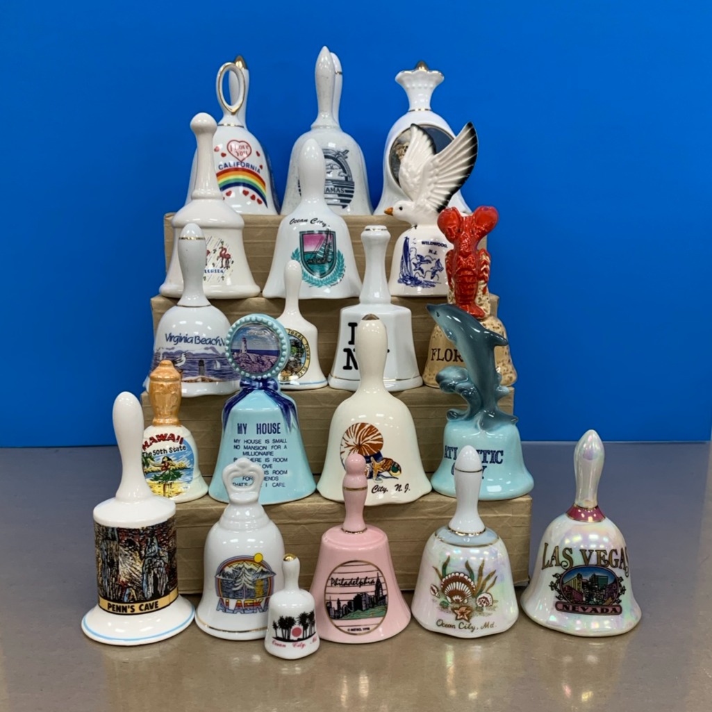 Vintage 23pc Lot Collectible Porcelain State Souvenir Bells Japan Taiwan Nanco