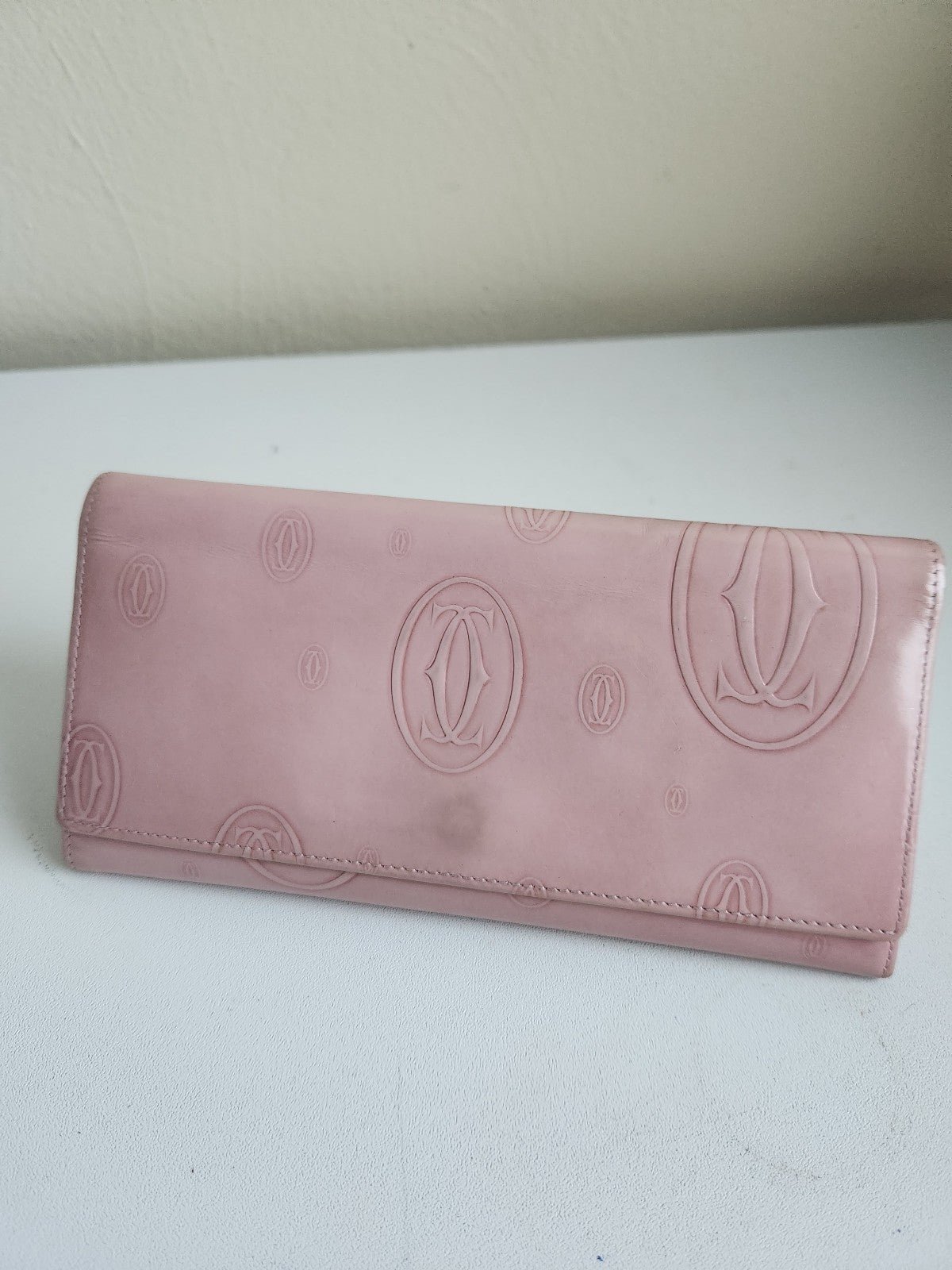Cartier Logo Embossed Happy Birthday Wallet in Pink Patent Leather