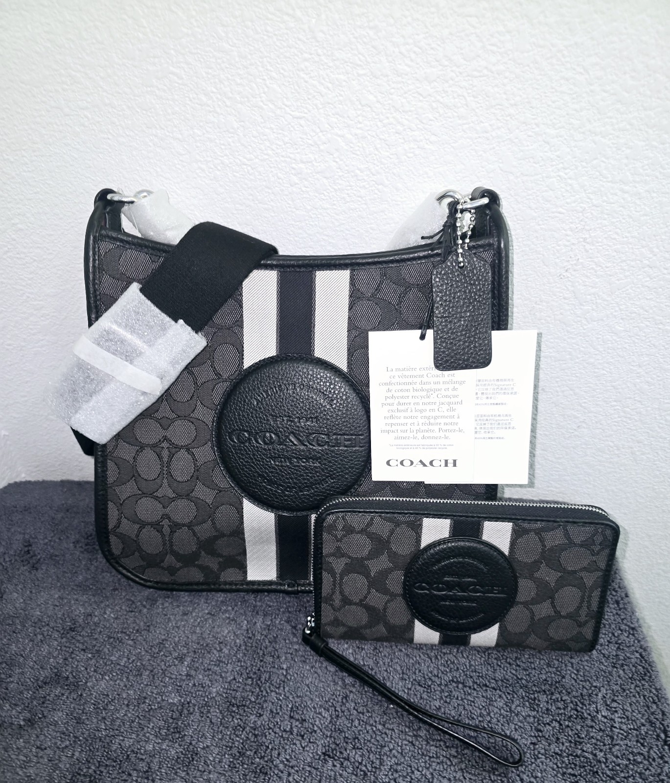 NWT COACH CA195 Dempsey Crossbody Smoke Black Multi File Bag w/matching Wallet