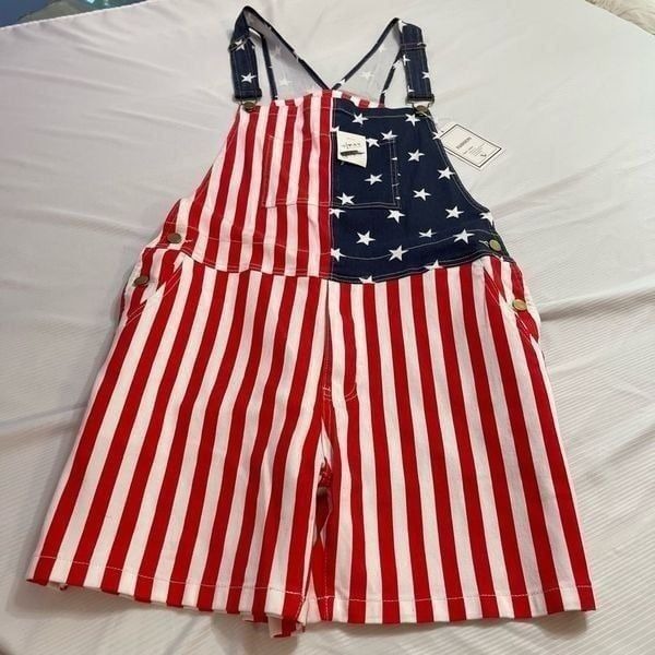 NWT American Flag Red White Blue Patriotic Overalls Size Large New