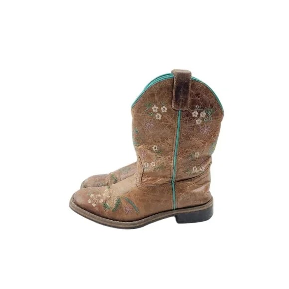Smoky Mountain Girl's Brown Blue Floral Leather Classic Western Boot Size 3