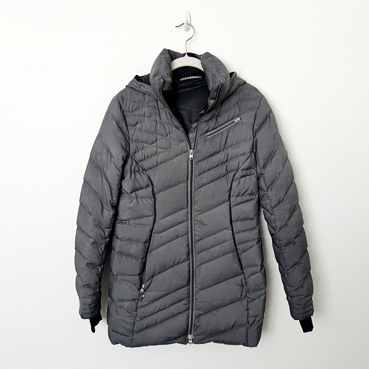 Spyder Sz Small Gray Timeless Long Down Filled Hooded Puffer Jacket Winter Coat