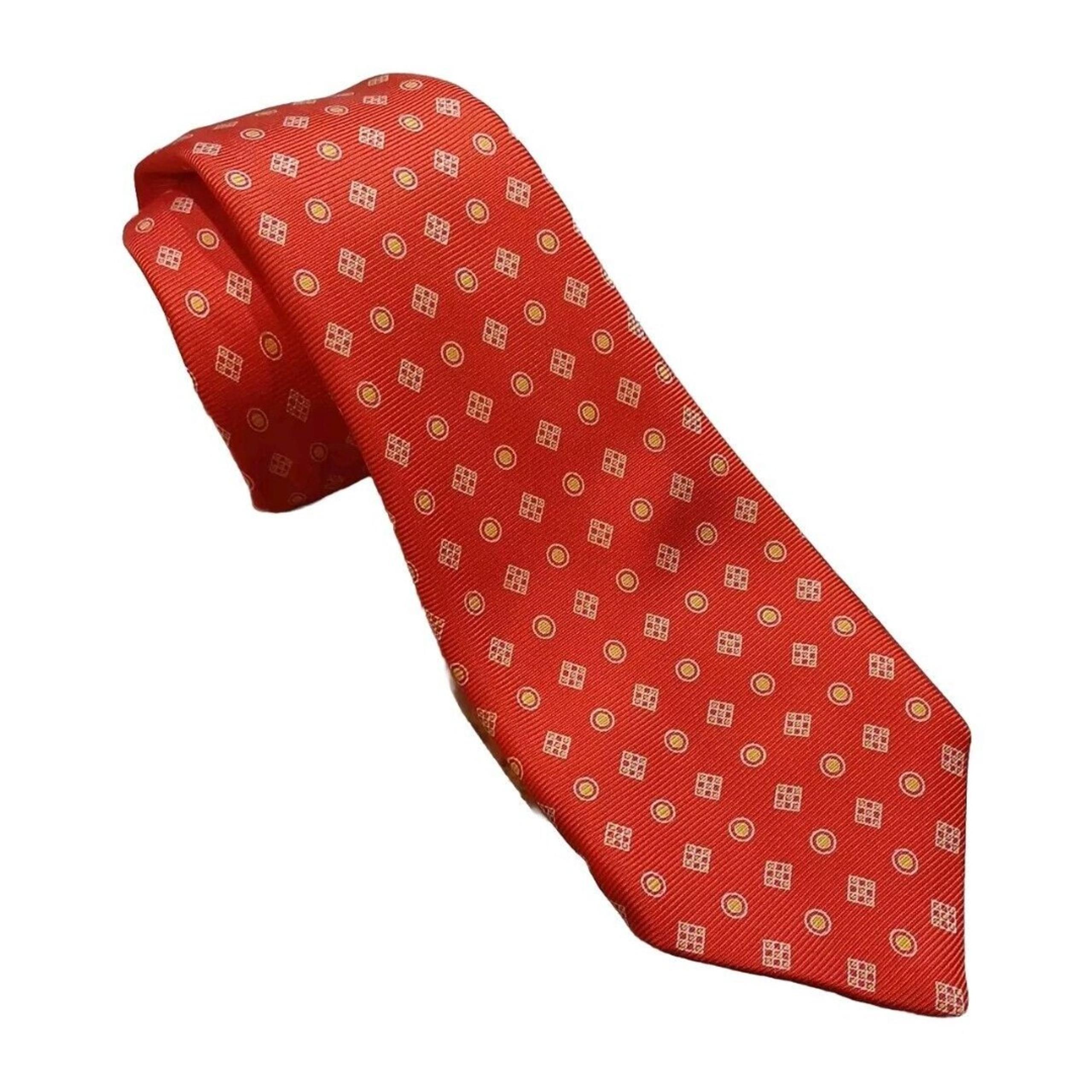 Kiton Napoli 100% Silk Seven Fold Neck Tie in Red Geometric Made In Italy