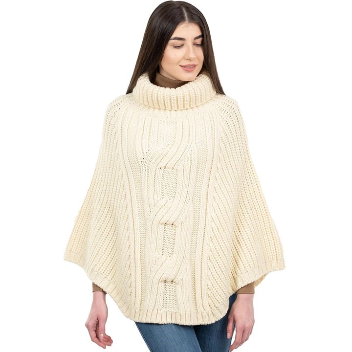 SAOL Aran Women's One Size Poncho Cardigan 100% Merino Wool Cowl Neck Cape