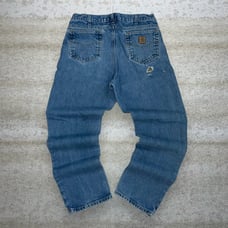 Carhartt Jeans Baggy Wide Leg Fit Medium Wash Denim Leather Logo Distressed