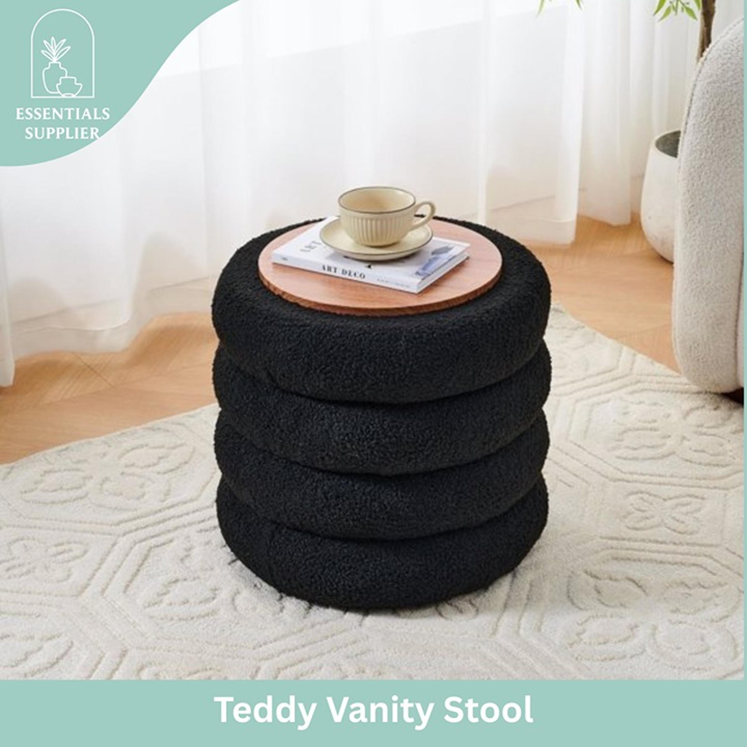 Round Shape Storage Ottoman Stool with Flip Tray, Vanity & Footrest Chair, Black