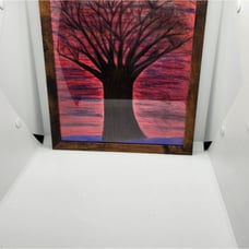 Handmade Framed Pencil Art Winter Evening Tree Original Colored Drawing