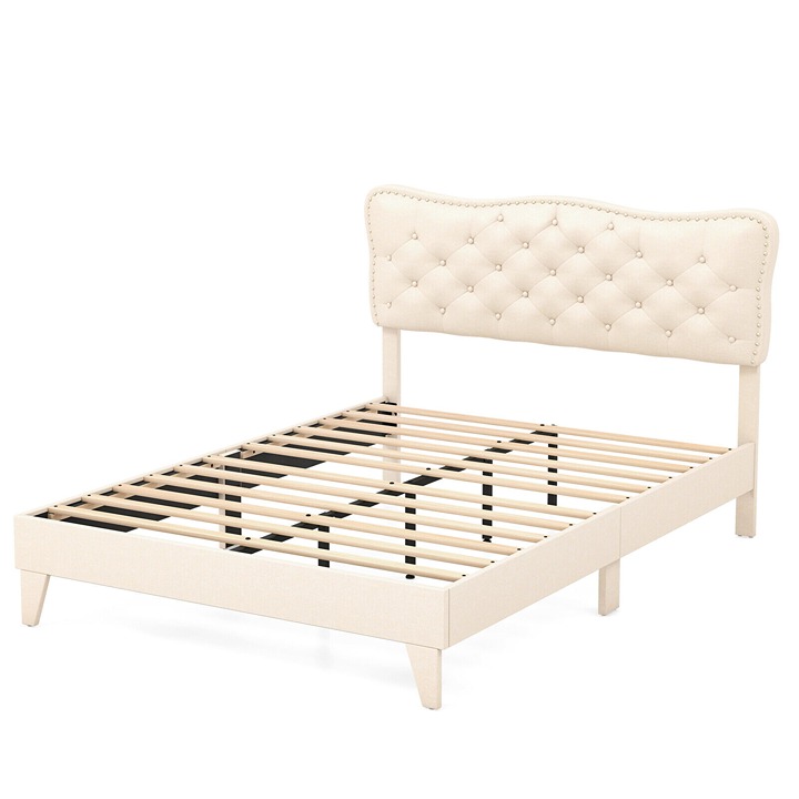 Full Size Bed Frame Linen Upholstered Platform with Headboard