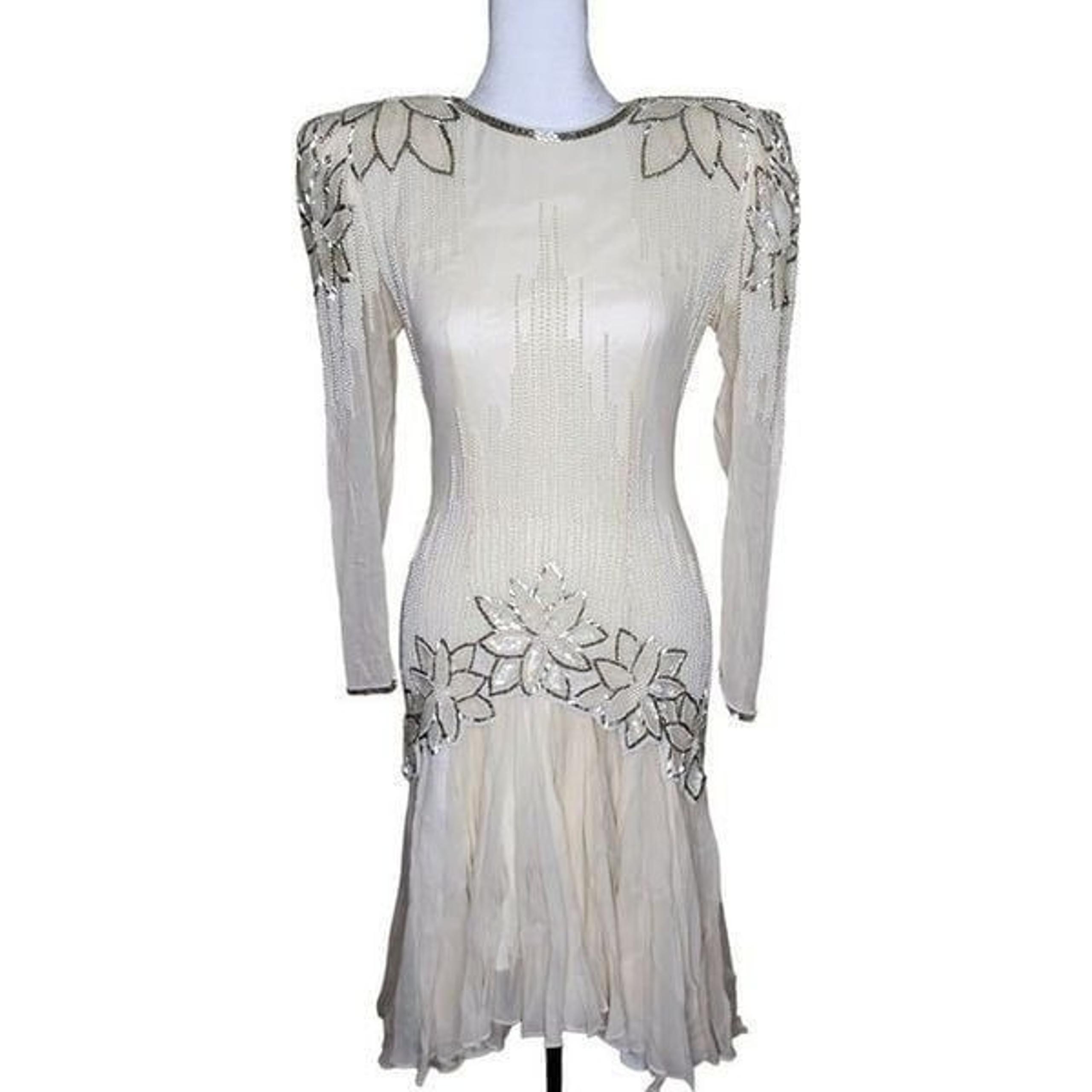 Vintage 80s Destinee Formal Drop Waist Dress Womens Size 4 Ivory Beaded Mother O