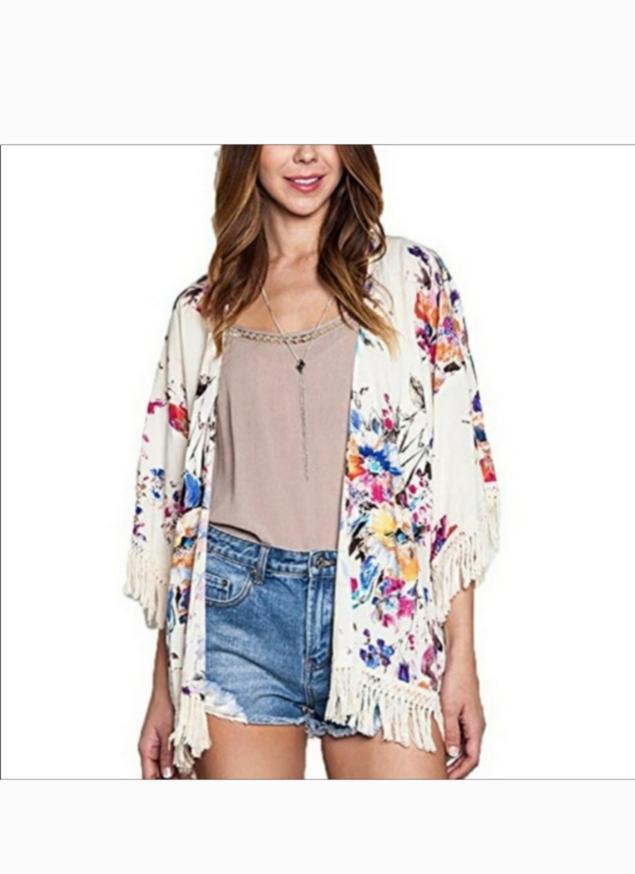 Umgee Women Boho Lightweight Cardigan S White Floral Chic Fringe Trim open