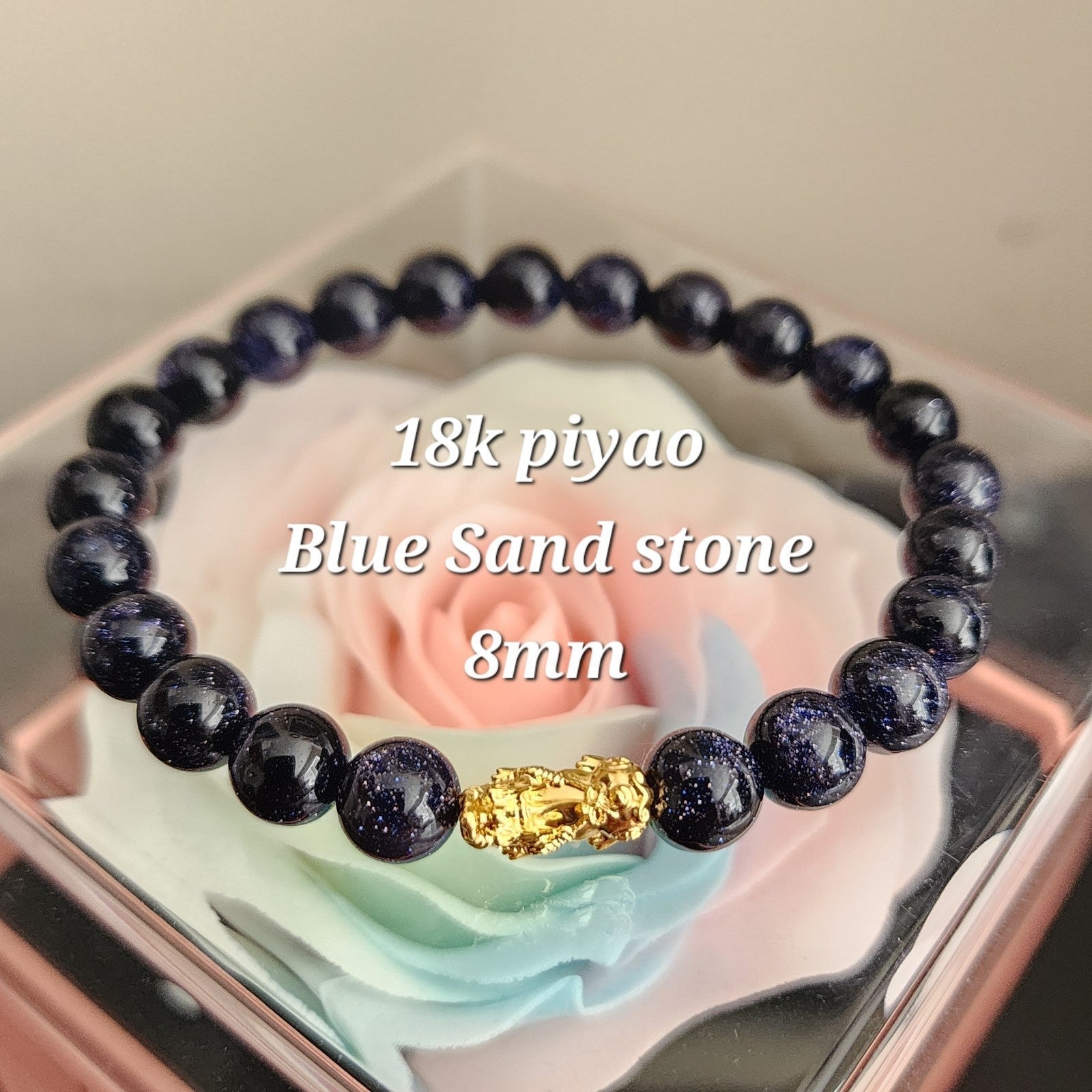 18k PIYAO Pixiu bracelet with blue sand stone beads 8mm size 16cm