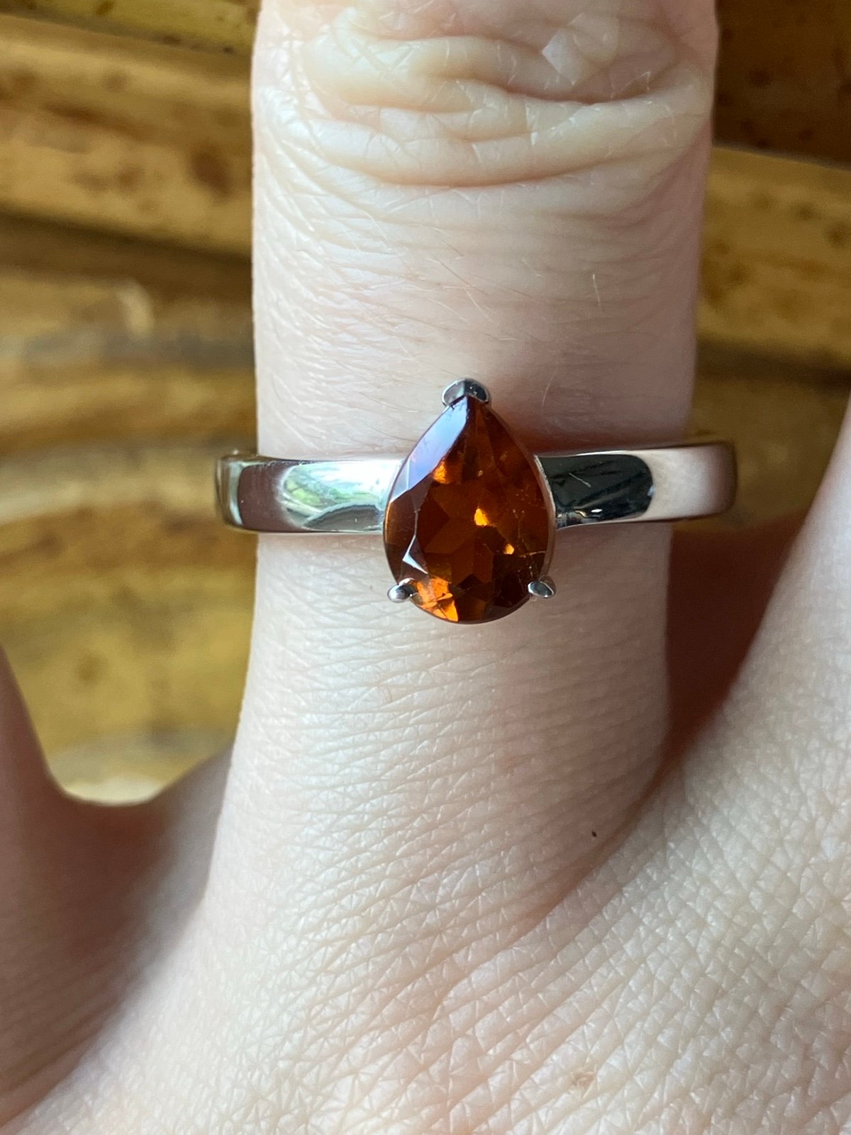 Natural Orange Garnet Sterling Silver Teardrop Ring Size 7