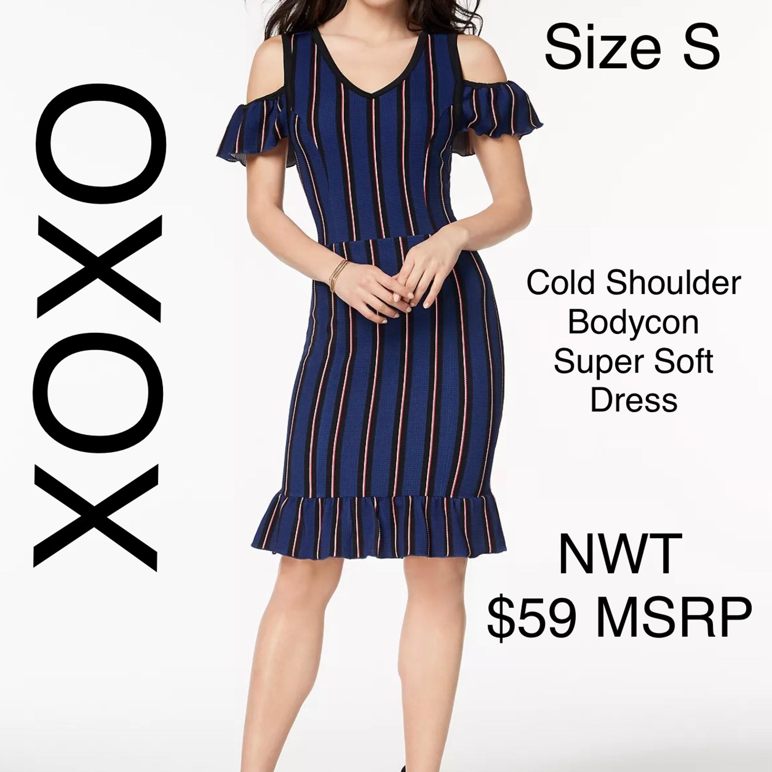NWT S Dress XOXO Cold Shoulder Striped Bodycon Ruffles