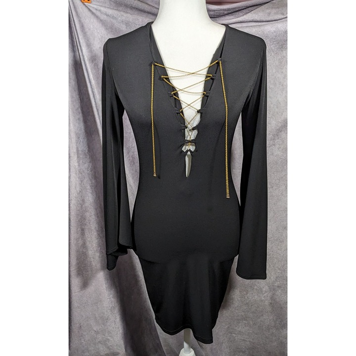 Vintage Frederick's Of Hollywood Black Plunge Neck Lace Up Chain Front Dress Siz