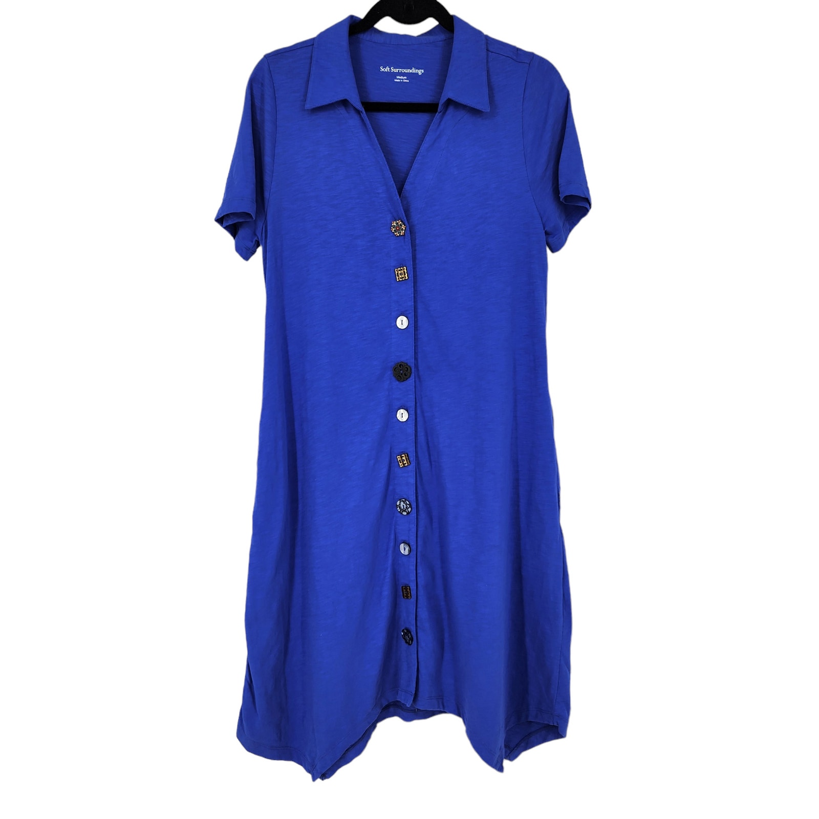 Soft Surroundings Danielle Button Midi Tunic Blue Short Sleeve Dress Size Medium