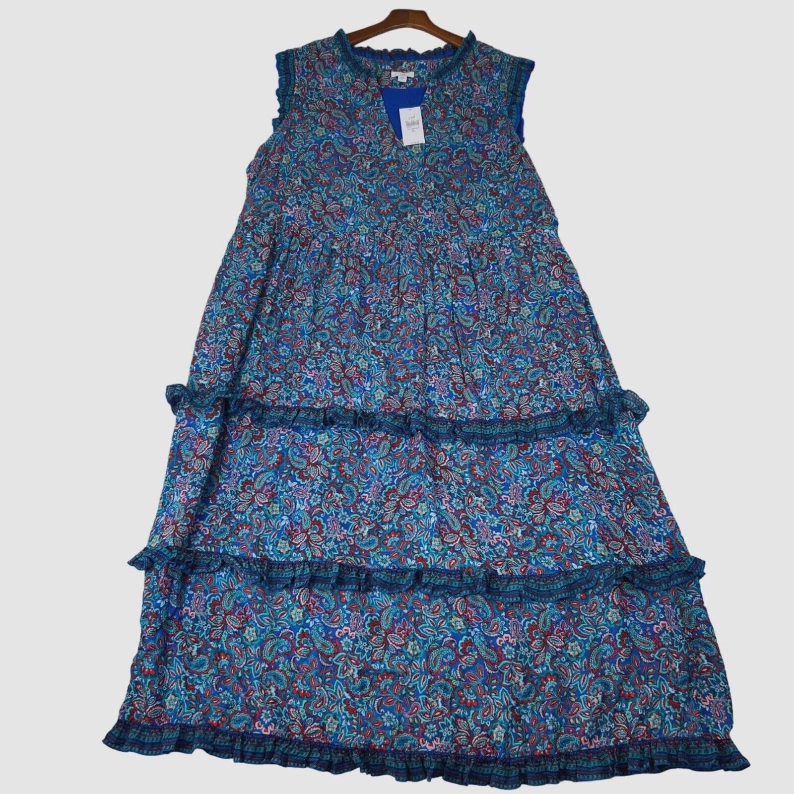 NWT J. Jill Coastal Ruffles Sleeveless Midi Dress Blue Paisley Floral Womens XL