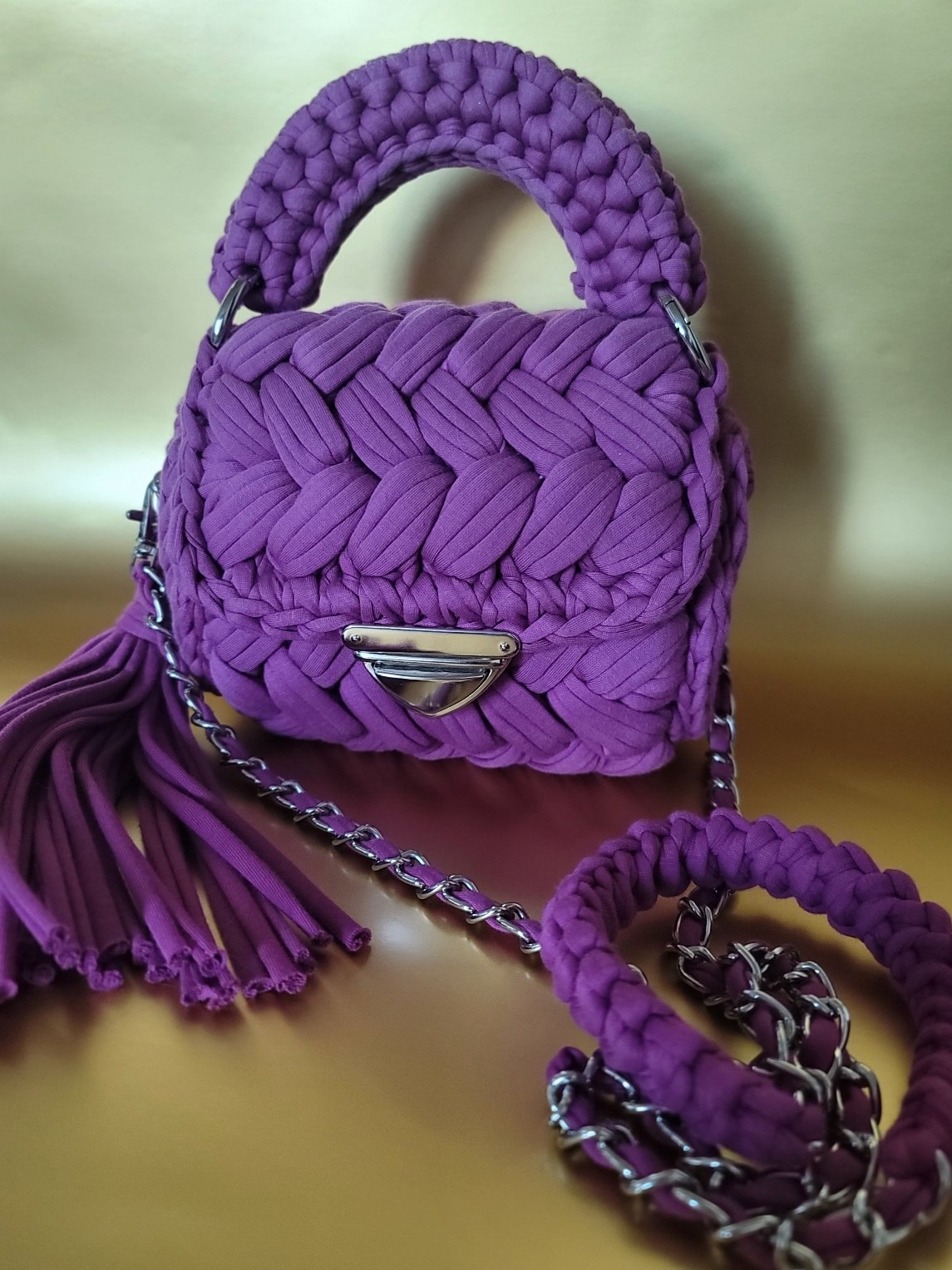 Luxury Handmade Crochet shoulder bag in Fuchsia made in Poland